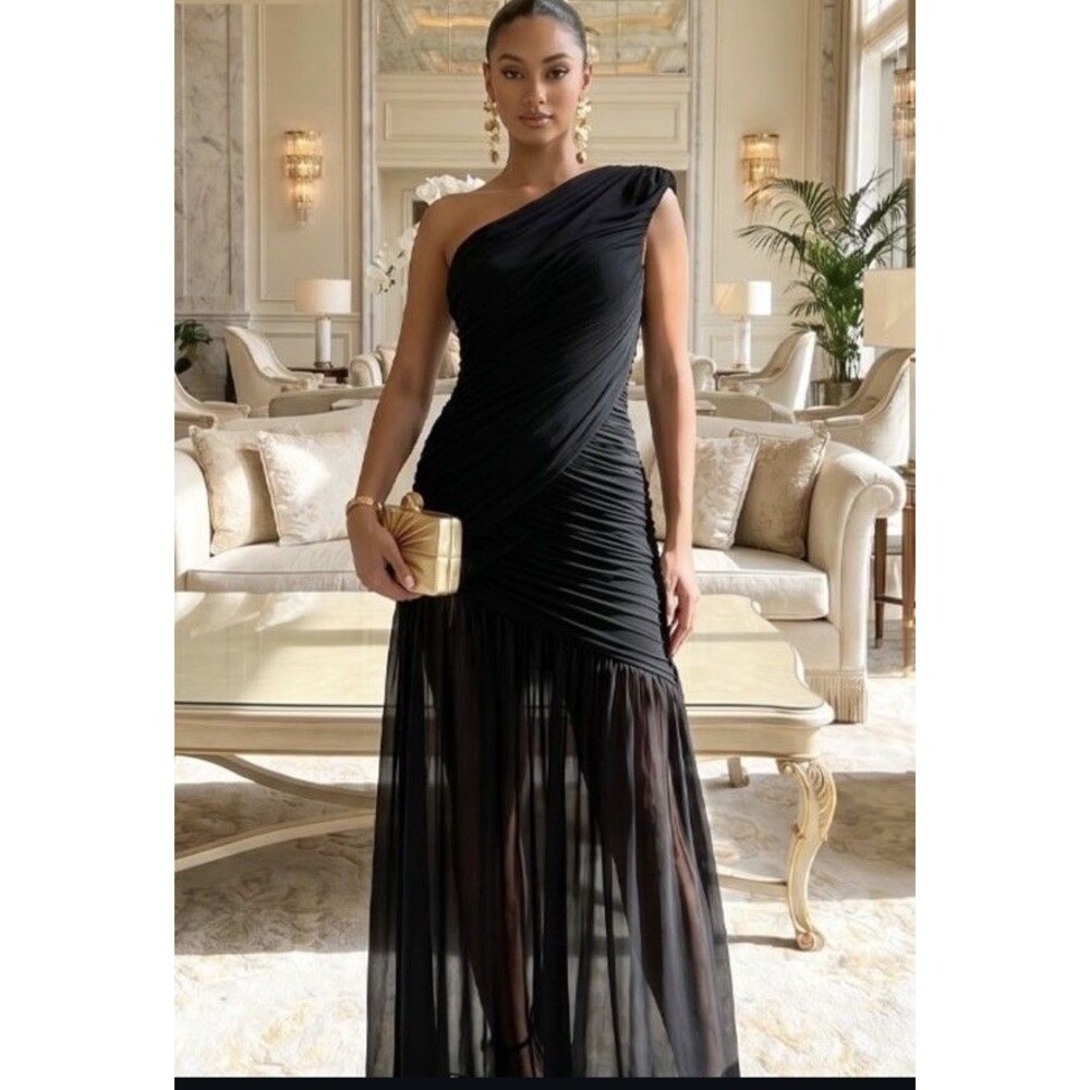 CAMEO USA Black One-Shoulder Ruched Formal Sheer Mesh Maxi Dress Size L